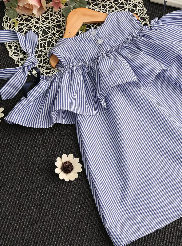 Blue Stripe Kids Ruffles Dress Headband Korean