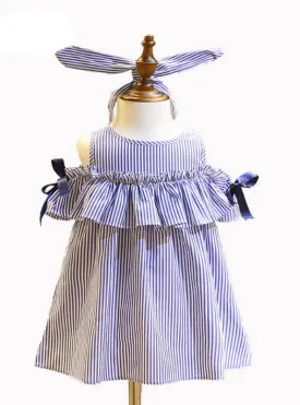 Blue Stripe Kids Ruffles Dress Headband Korean