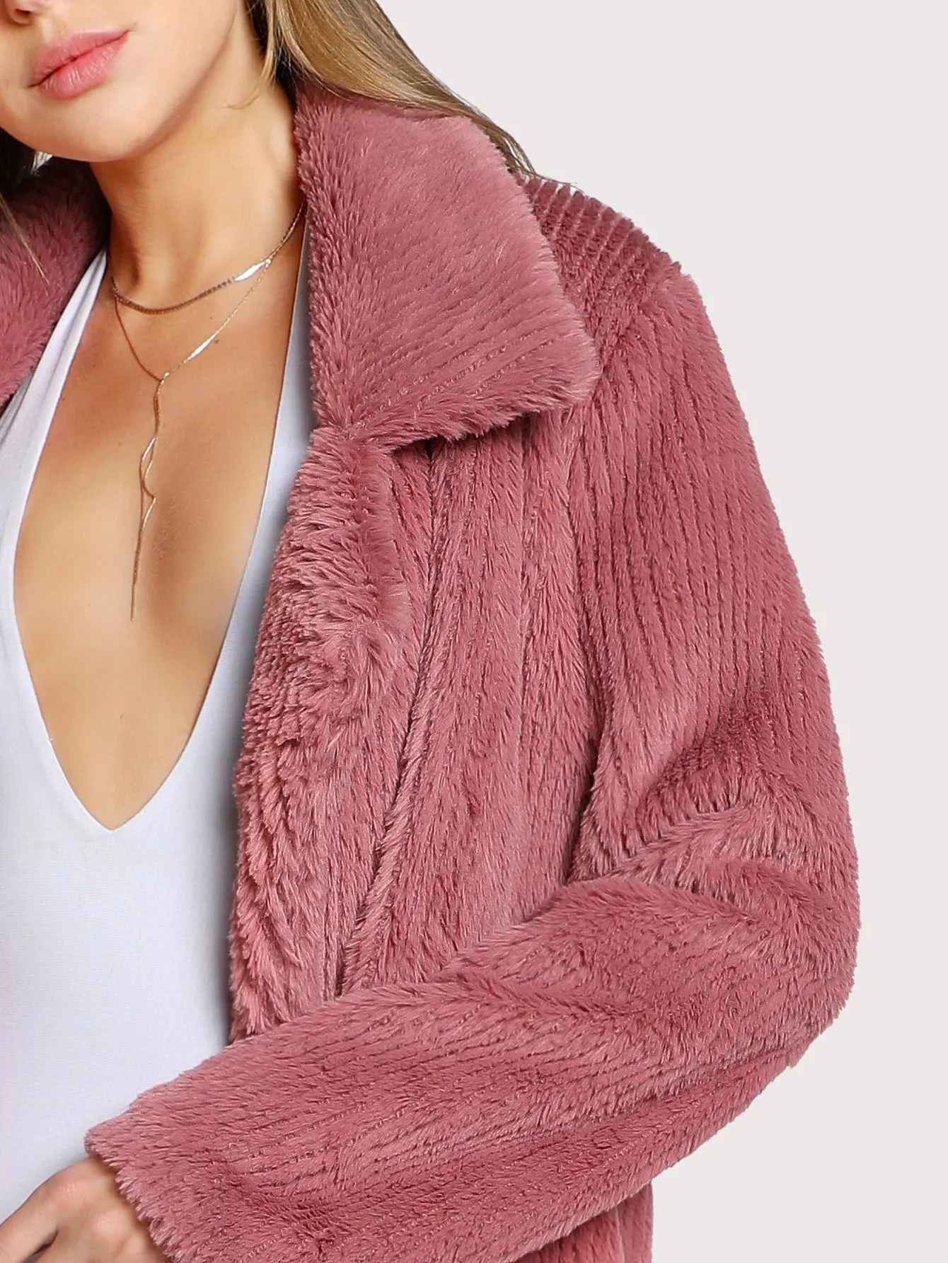 Dusty Rose Jacket Casual Ribbed Faux Fur Coat with Collar