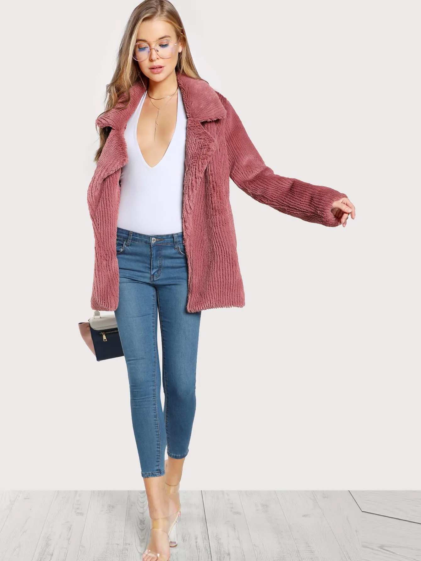 Dusty Rose Jacket Casual Ribbed Faux Fur Coat with Collar