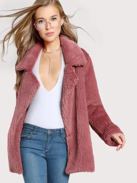Dusty Rose Jacket Casual Ribbed Faux Fur Coat with Collar