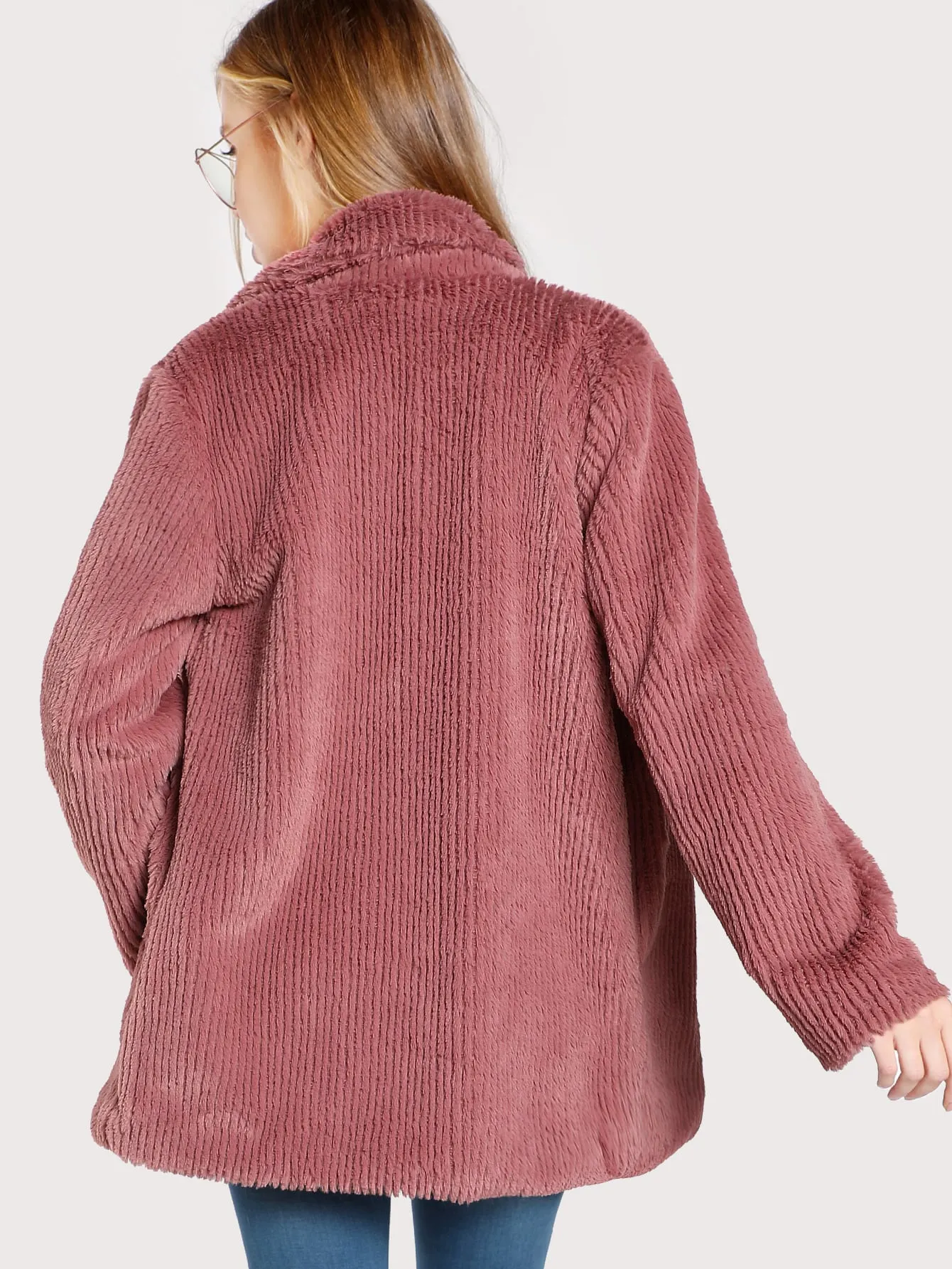 Dusty Rose Jacket Casual Ribbed Faux Fur Coat with Collar