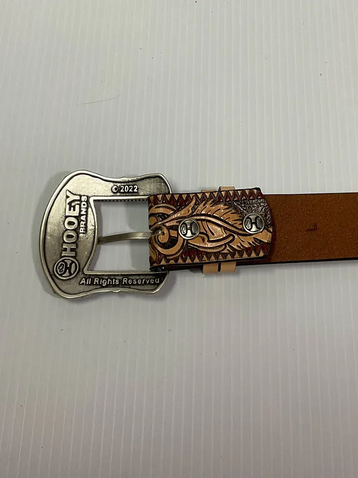 Hooey HWBLT004 Womens Feather & Floral Filigree Embossed Belt & Floral Tongue Buckle Natural Brown Red