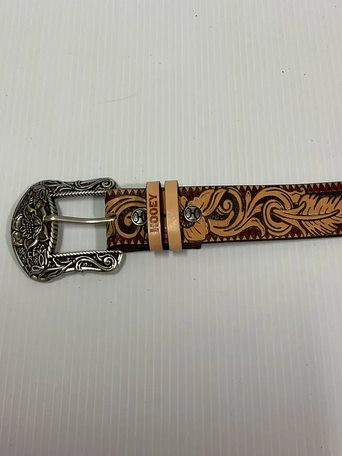 Hooey HWBLT004 Womens Feather & Floral Filigree Embossed Belt & Floral Tongue Buckle Natural Brown Red