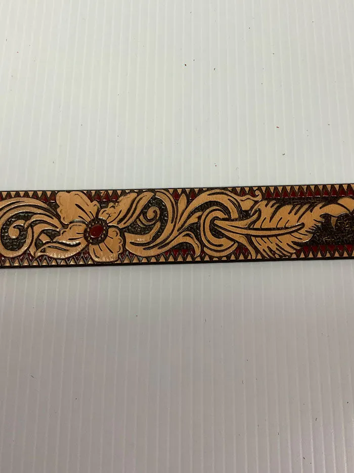 Hooey HWBLT004 Womens Feather & Floral Filigree Embossed Belt & Floral Tongue Buckle Natural Brown Red