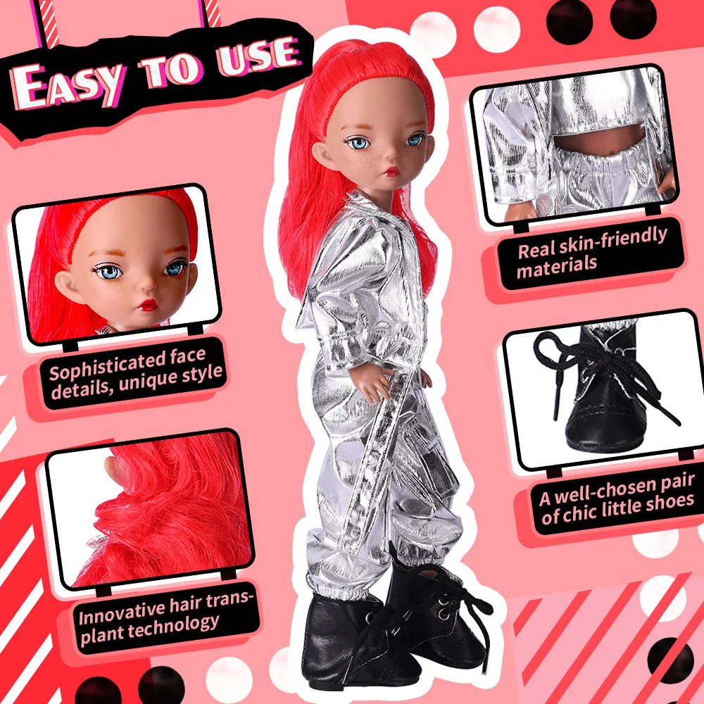 QUEBAN Doll by Beitz-Poseable Fashion Doll with Silver Jacket & Red Hair, A Pair of Designer Recommended Interchangeable Hand ,Great Gift for Kids 6-12 Years Old and Collectors– 11 ½ Inches