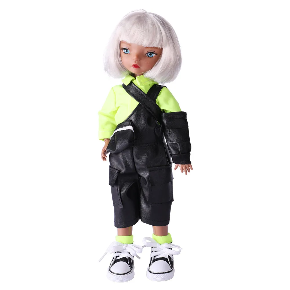 QUEBAN Doll by Sileas-Poseable Fashion Doll with Black Overalls and Short White Hair,A Pair of Designer Recommended Interchangeable Hand,Great Gift for Kids 6-12 Years Old and Collectors-11 ½ inches