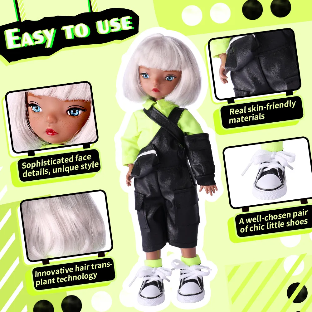 QUEBAN Doll by Sileas-Poseable Fashion Doll with Black Overalls and Short White Hair,A Pair of Designer Recommended Interchangeable Hand,Great Gift for Kids 6-12 Years Old and Collectors-11 ½ inches