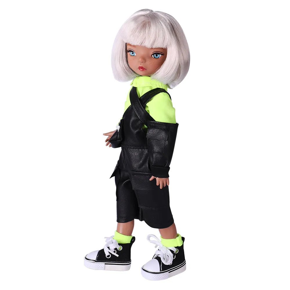 QUEBAN Doll by Sileas-Poseable Fashion Doll with Black Overalls and Short White Hair,A Pair of Designer Recommended Interchangeable Hand,Great Gift for Kids 6-12 Years Old and Collectors-11 ½ inches