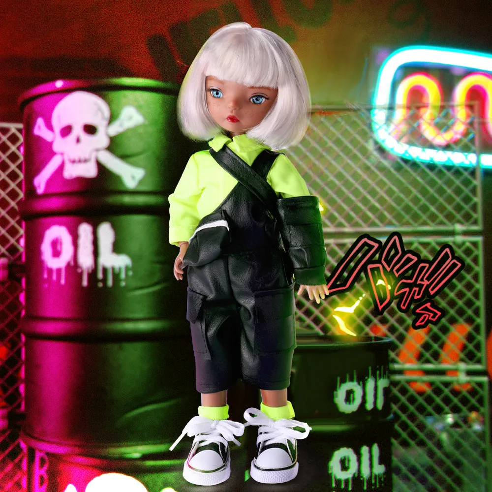 QUEBAN Doll by Sileas-Poseable Fashion Doll with Black Overalls and Short White Hair,A Pair of Designer Recommended Interchangeable Hand,Great Gift for Kids 6-12 Years Old and Collectors-11 ½ inches