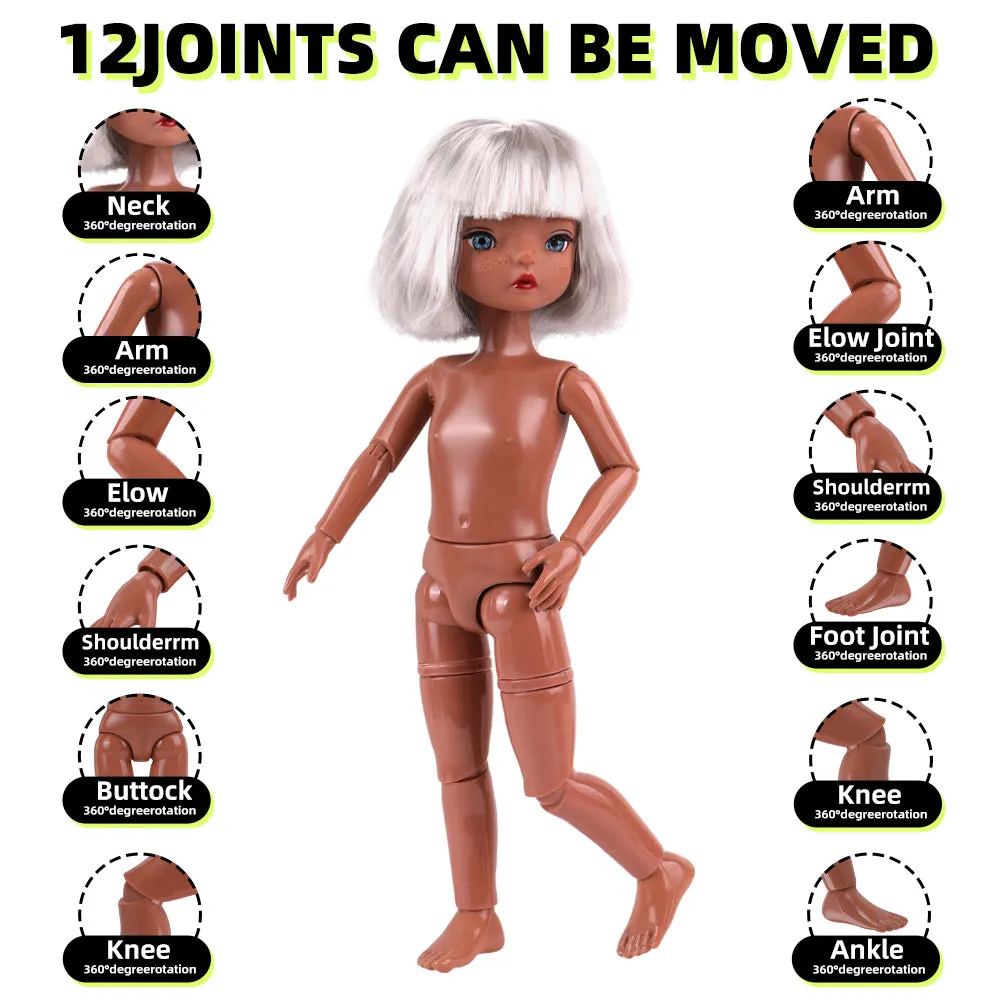 QUEBAN Doll by Sileas-Poseable Fashion Doll with Black Overalls and Short White Hair,A Pair of Designer Recommended Interchangeable Hand,Great Gift for Kids 6-12 Years Old and Collectors-11 ½ inches